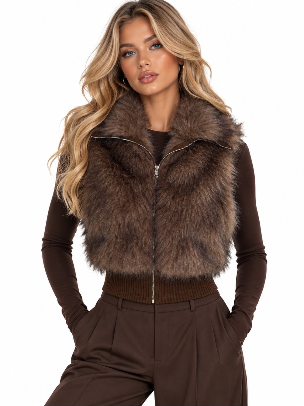 Alice + Olivia Brown Faux Fur Cropped Vest Apres Ski Chic NWT